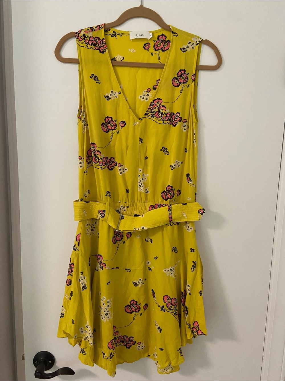 🇺🇸 BOGO 🇺🇸 A.L.C. Yellow Floral V-Neck Drop Waist Asymmetrical Belted Sundress
